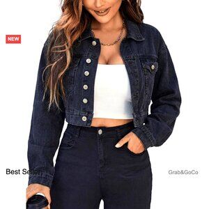 Cropped Denim Jacket Vintage Oversized Y2K Distressed Dark Wash Women's